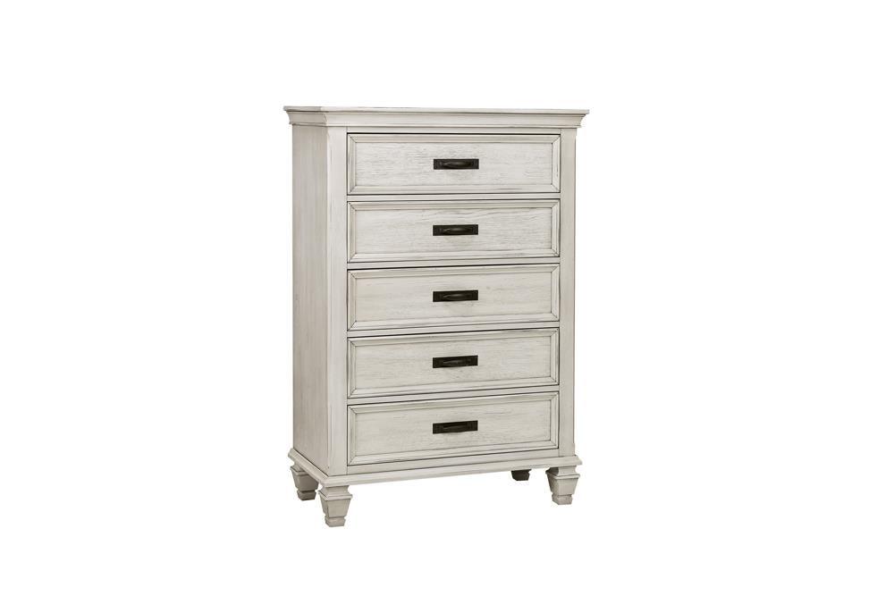 Franco 5-Drawer Chest Antique White angled side view