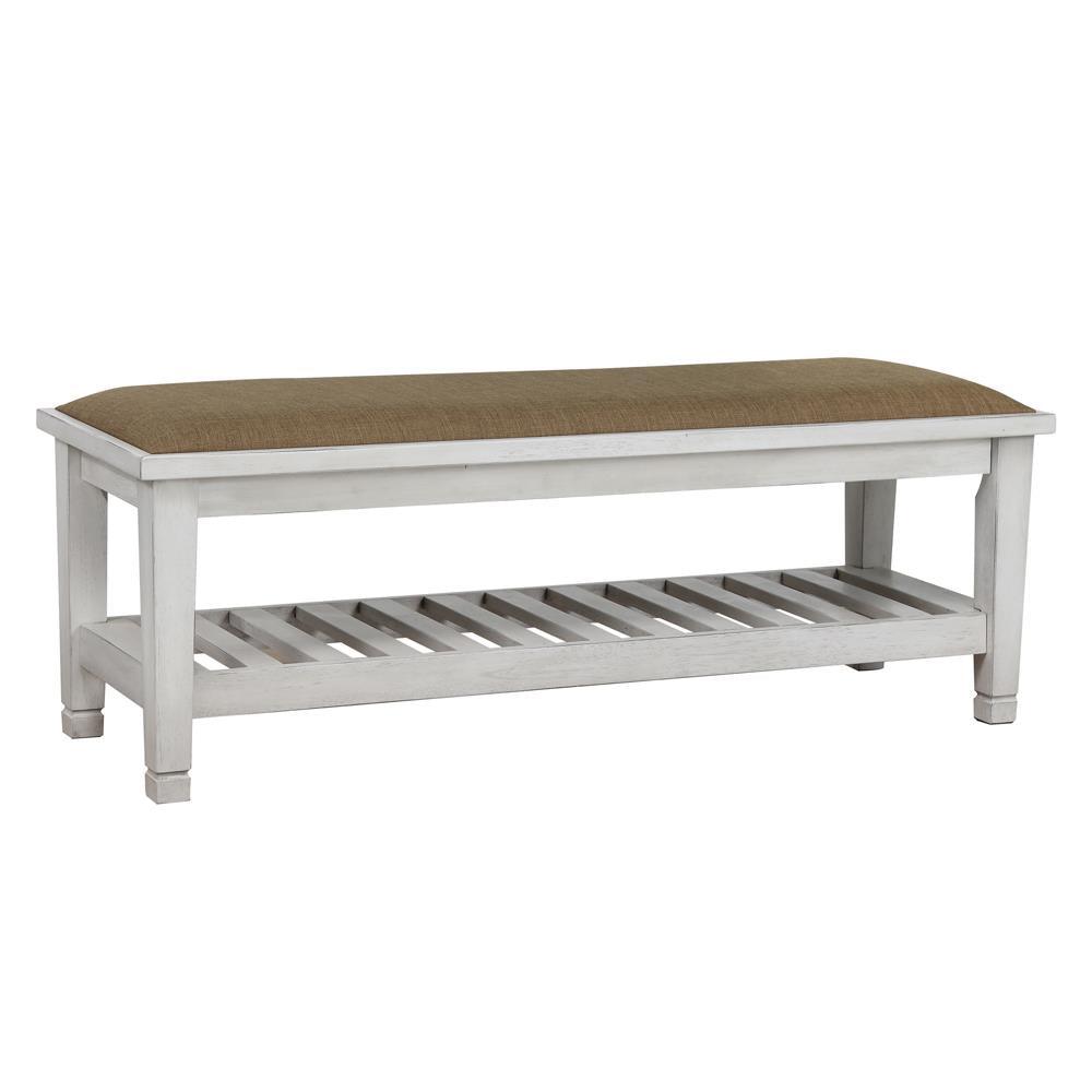 Front view of Franco Antique White Bench with cushioned seat