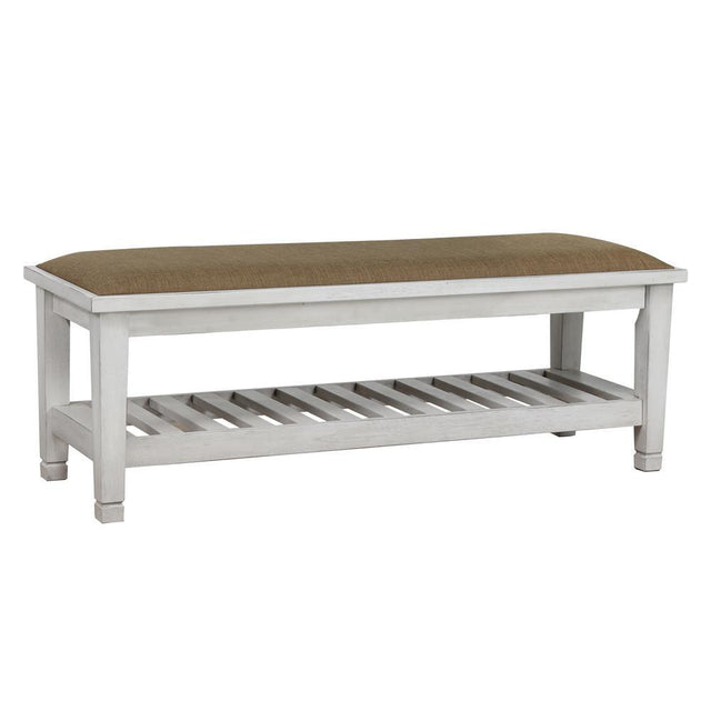 Front view of Franco Antique White Bench with cushioned seat