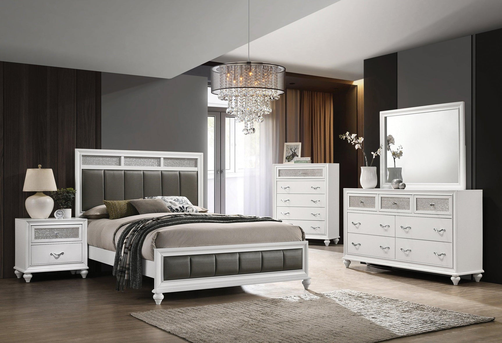 Close-up of channel tufted metallic leatherette upholstery on Barzini bed