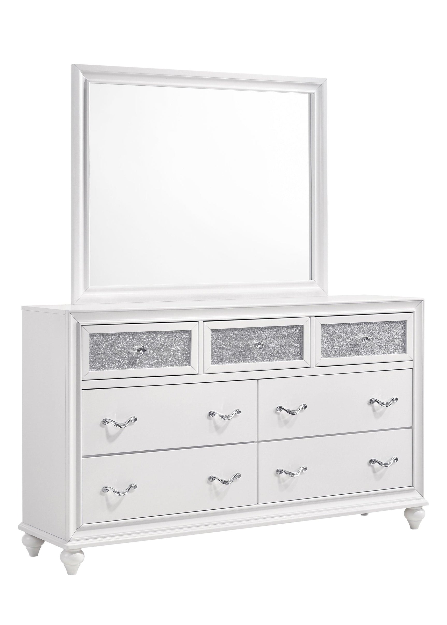 Close-up of beveled white wooden frame on Barzini Mirror