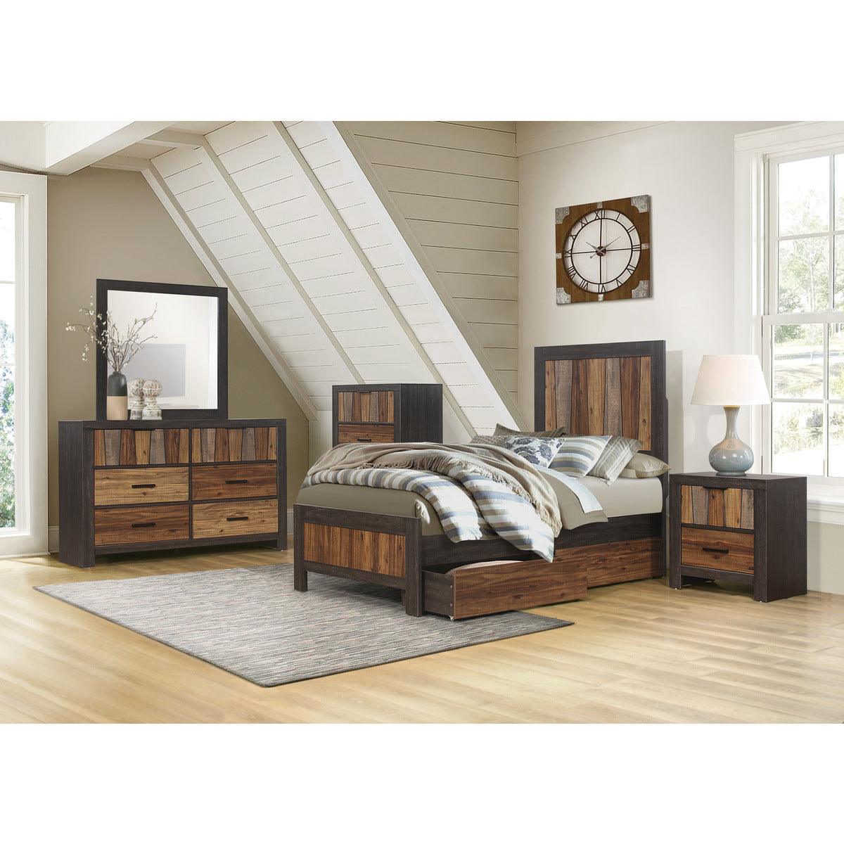 Cooper Multi-Tone Twin Bed staged with toy boxes, full view