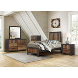 Close-up of Cooper twin bed's wire-brushed multi-tone faux-wood veneer finish