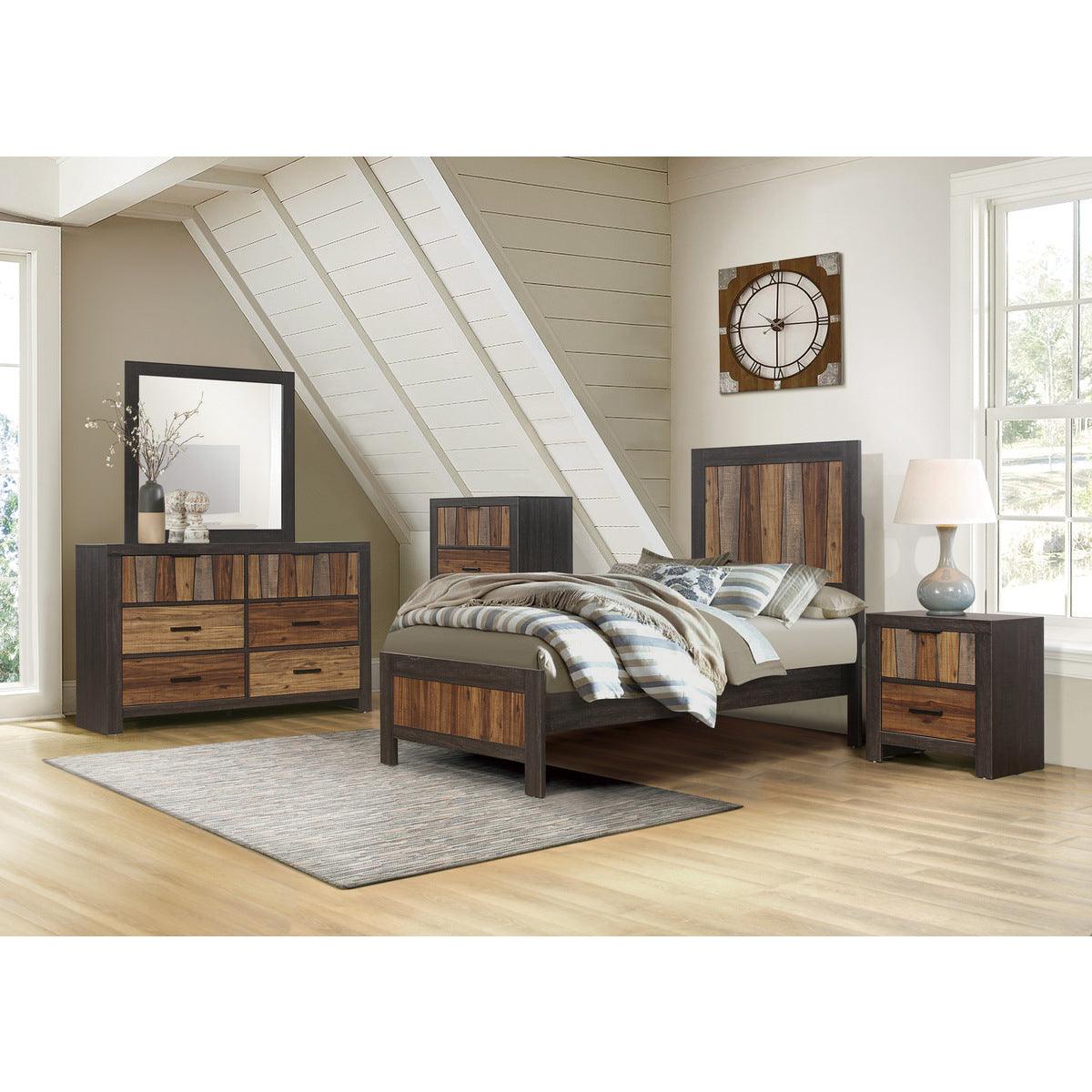 Close-up of Cooper twin bed's wire-brushed multi-tone faux-wood veneer finish
