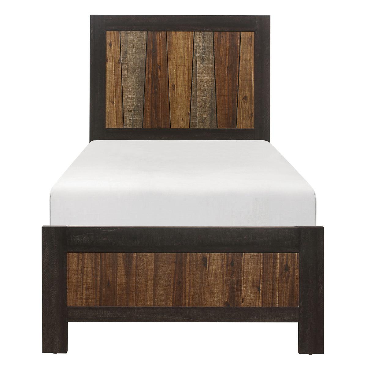 Cooper Multi-Tone Twin Bed with wire-brushed faux-wood veneer, front view