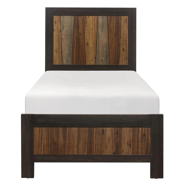 Cooper Multi-Tone Twin Bed with wire-brushed faux-wood veneer, front view