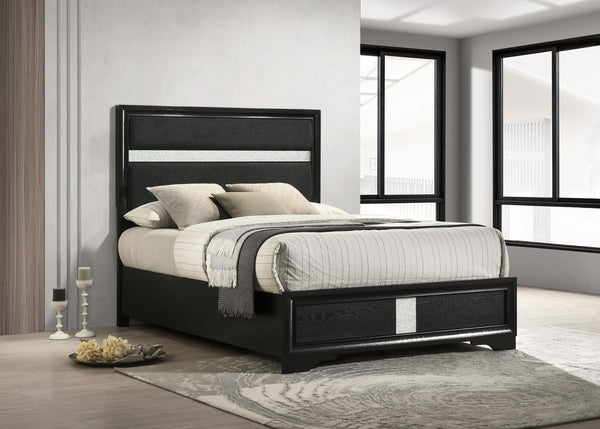 Miranda full bed side angle showing upholstered panels