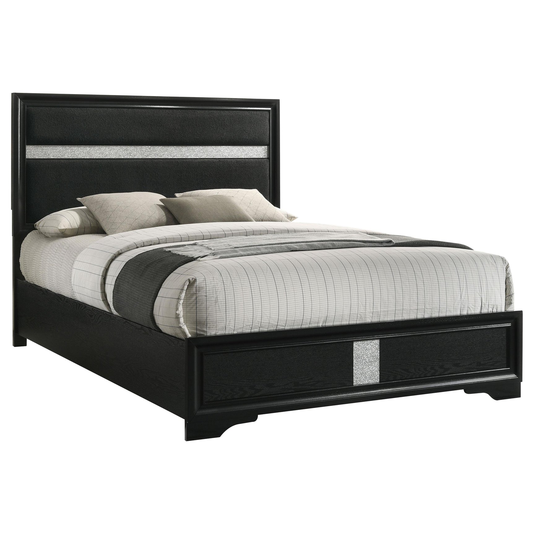 Miranda Black Upholstered King Bed side angle