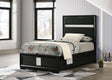 Miranda twin bed close-up of upholstered headboard with glittering trim