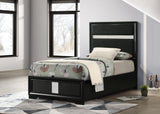 Miranda twin bed close-up of upholstered headboard with glittering trim