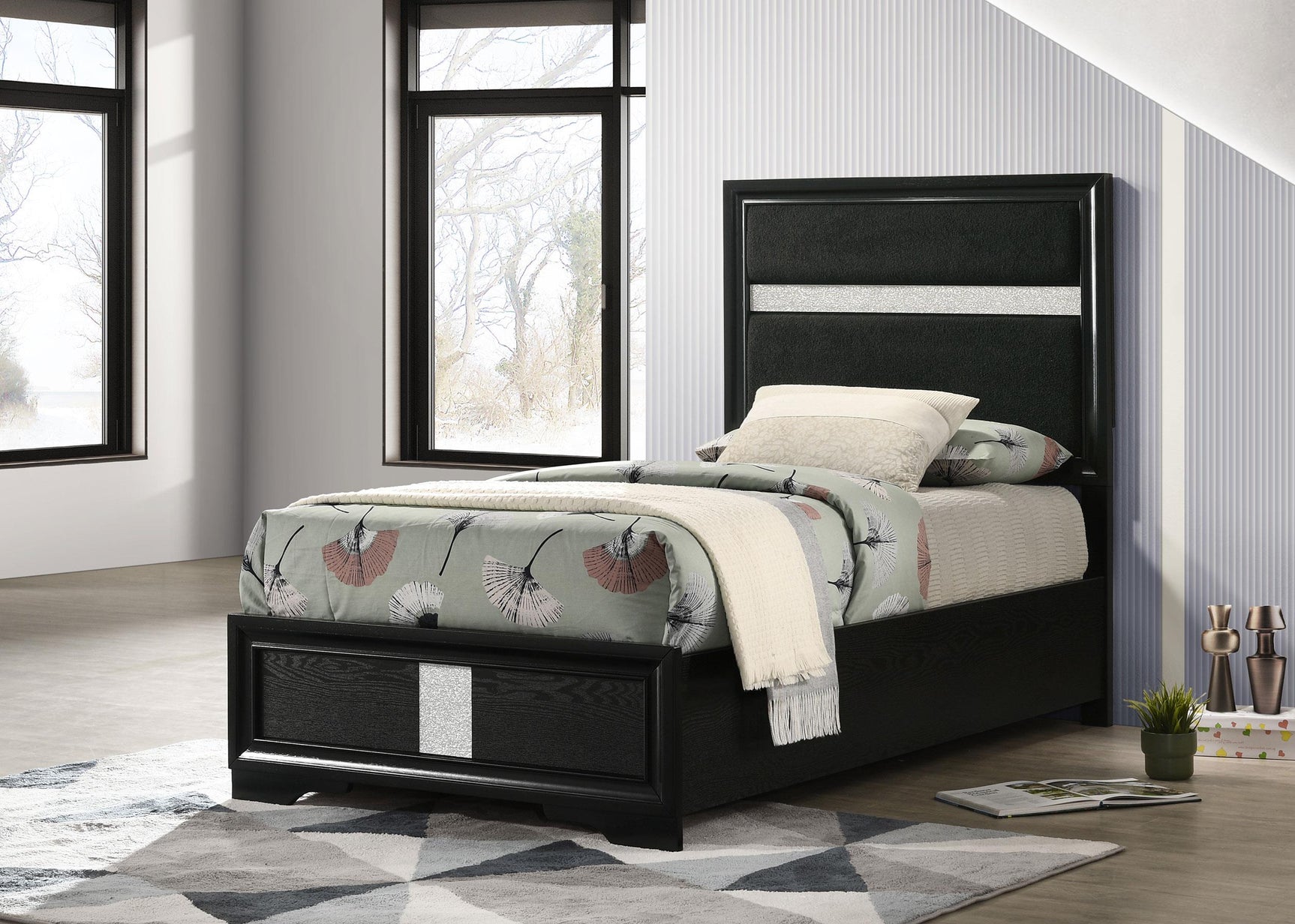 Miranda twin bed close-up of upholstered headboard with glittering trim