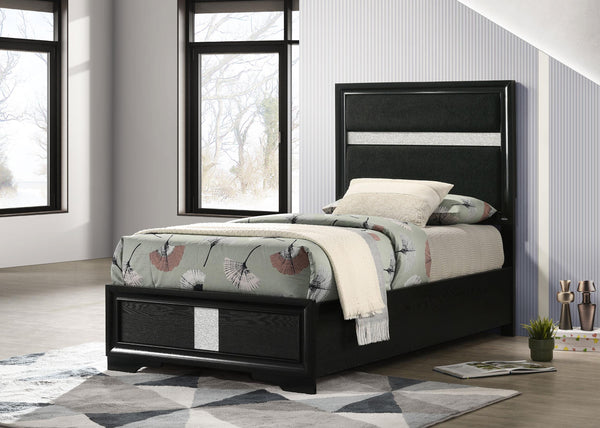 Miranda twin bed close-up of upholstered headboard with glittering trim