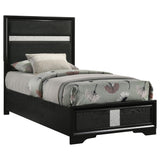 Side view of Miranda black twin bed displaying footboard and bracket feet