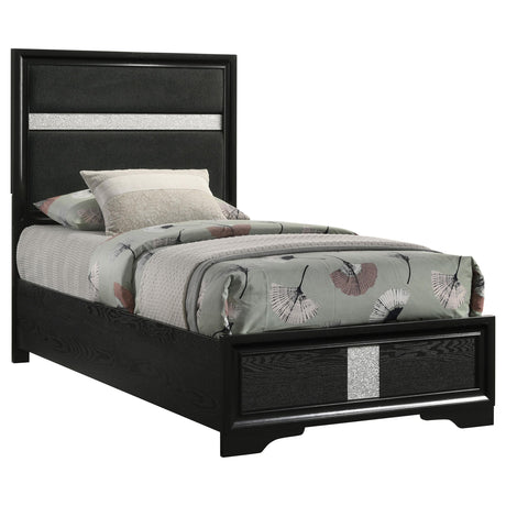Side view of Miranda black twin bed displaying footboard and bracket feet