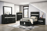 Miranda upholstered twin panel bed in black with sparkling trim, side angle view
