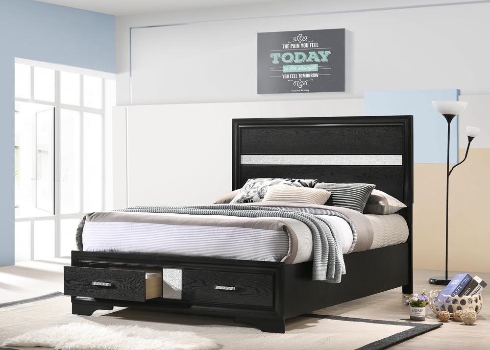Miranda Full Storage Bed Black front angle showing acrylic glitter panels