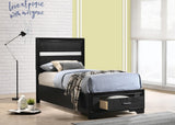 Miranda Black Twin Storage Bed angled view showcasing acrylic glitter panels