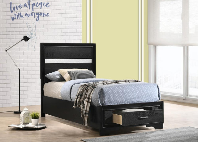 Miranda Black Twin Storage Bed angled view showcasing acrylic glitter panels
