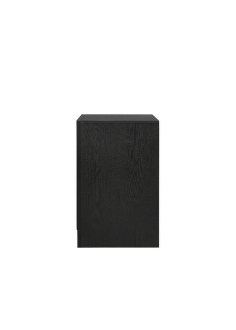 Close-up of drawer handle and black finish on Miranda nightstand