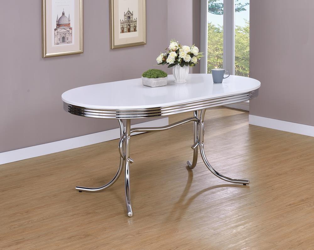 Retro Oval Dining Table Glossy White and Chrome angled front view