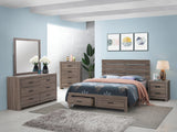 Brantford Queen Storage Bed Barrel Oak, side view highlighting drawers