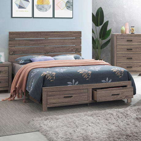 Brantford Queen Storage Bed Barrel Oak, front angle showing headboard
