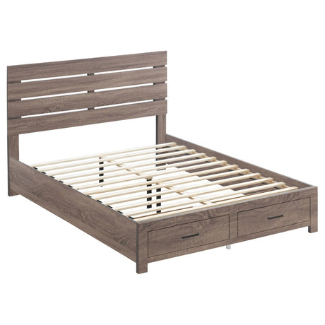 Brantford Queen Storage Bed Barrel Oak, plank-style slatted headboard
