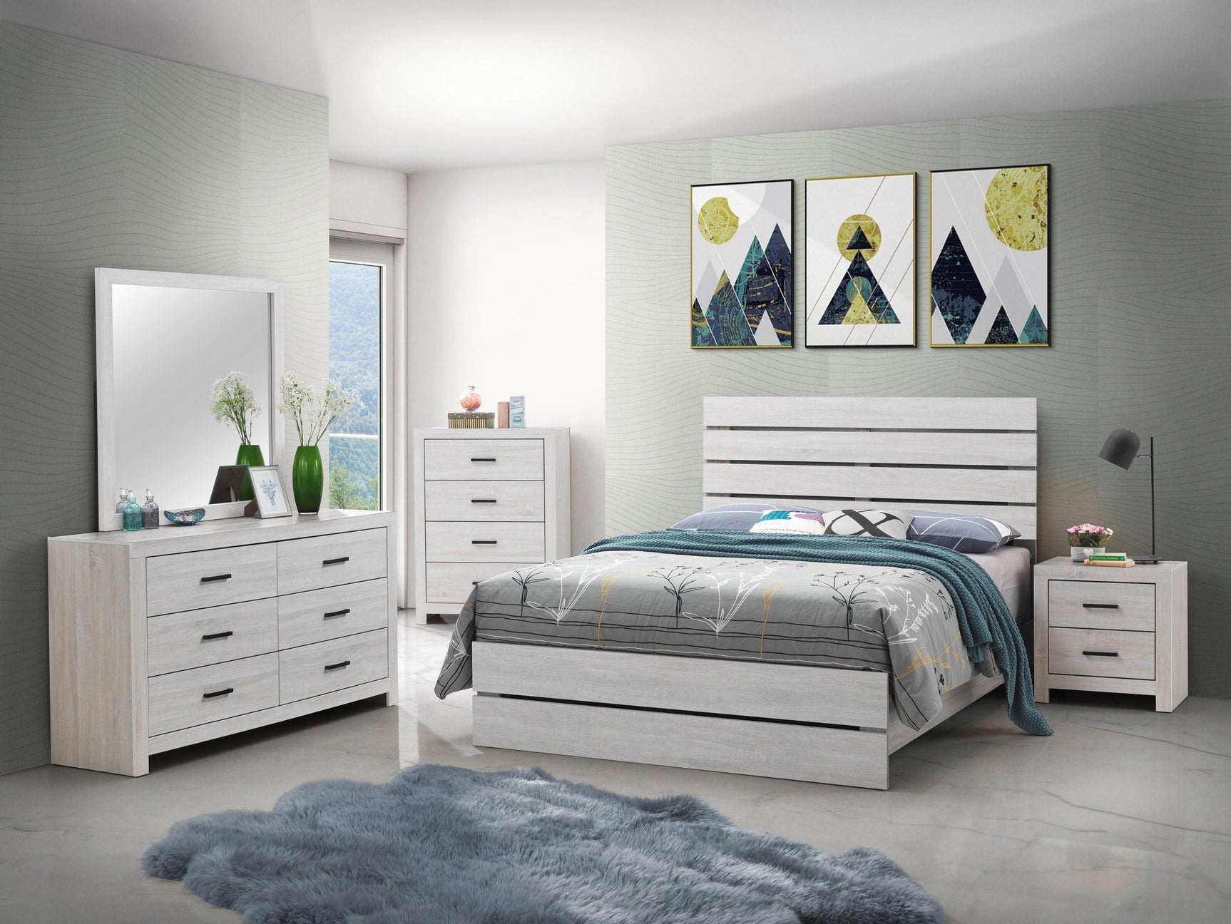 Brantford Coastal White King Panel Bed angle view showing headboard and footboard