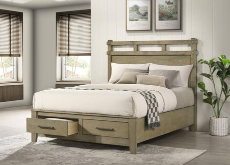 Bed headboard showing open slat design in vineyard oak finish