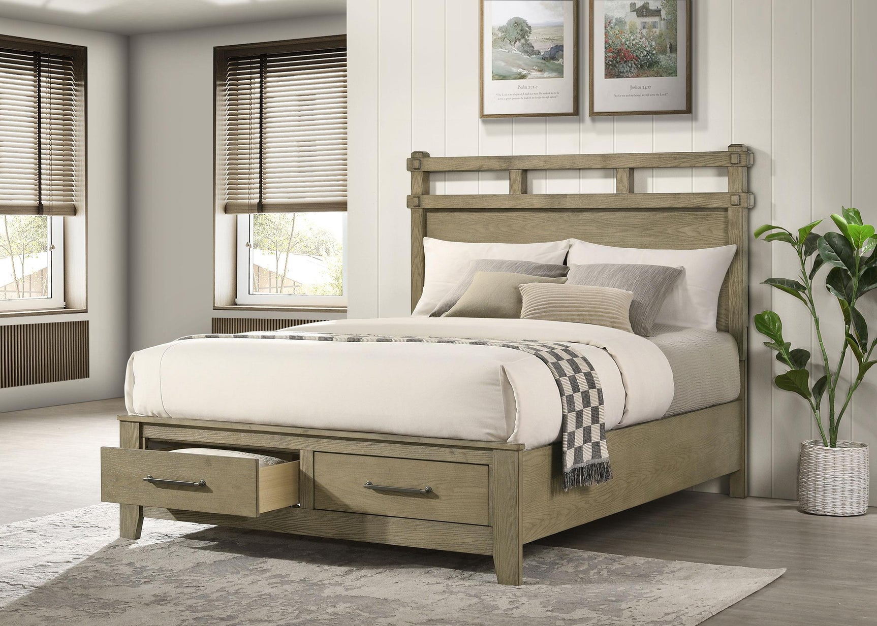 Side view of Hazlewood queen storage bed showing footboard drawers