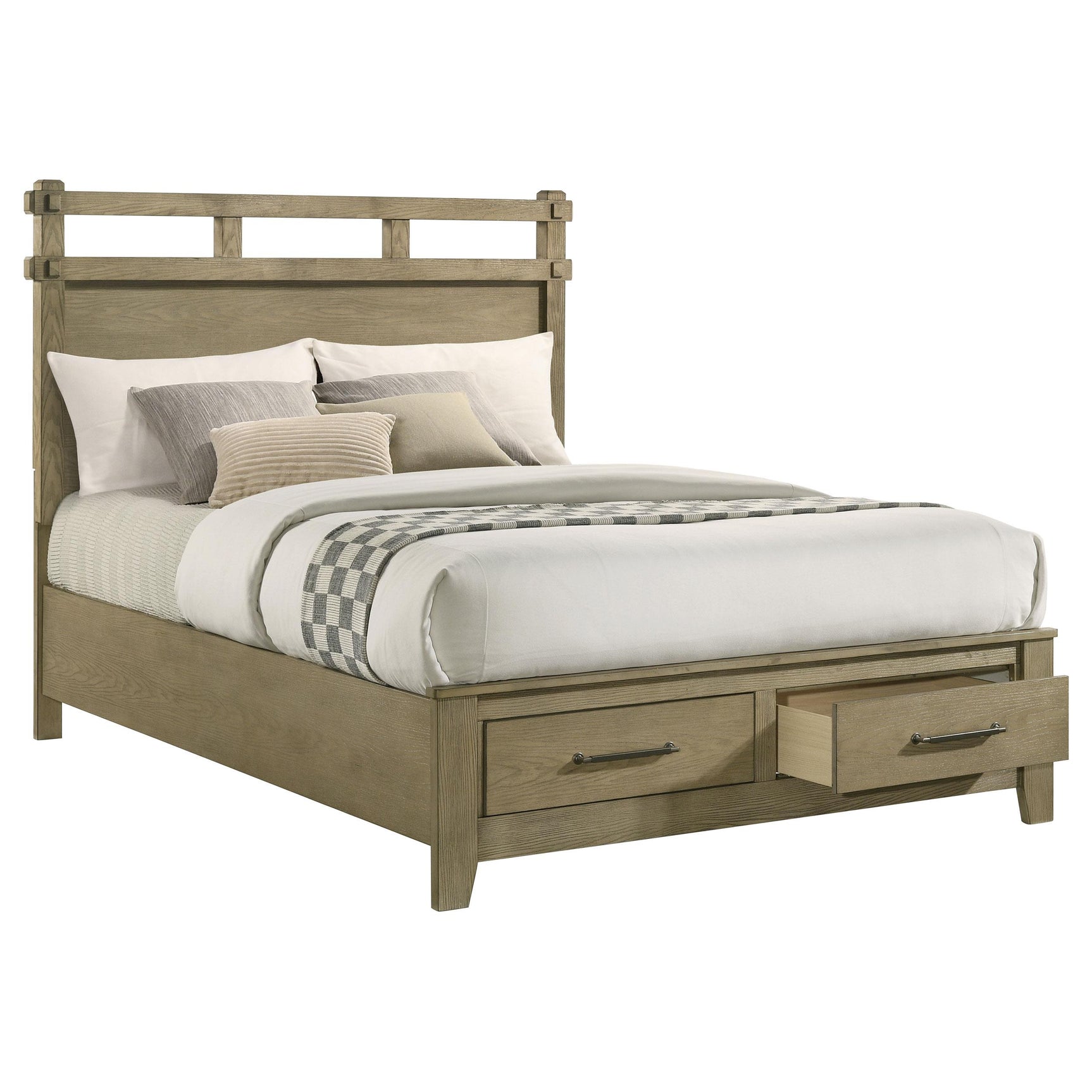 Open drawer beneath the Hazlewood queen bed in vineyard oak