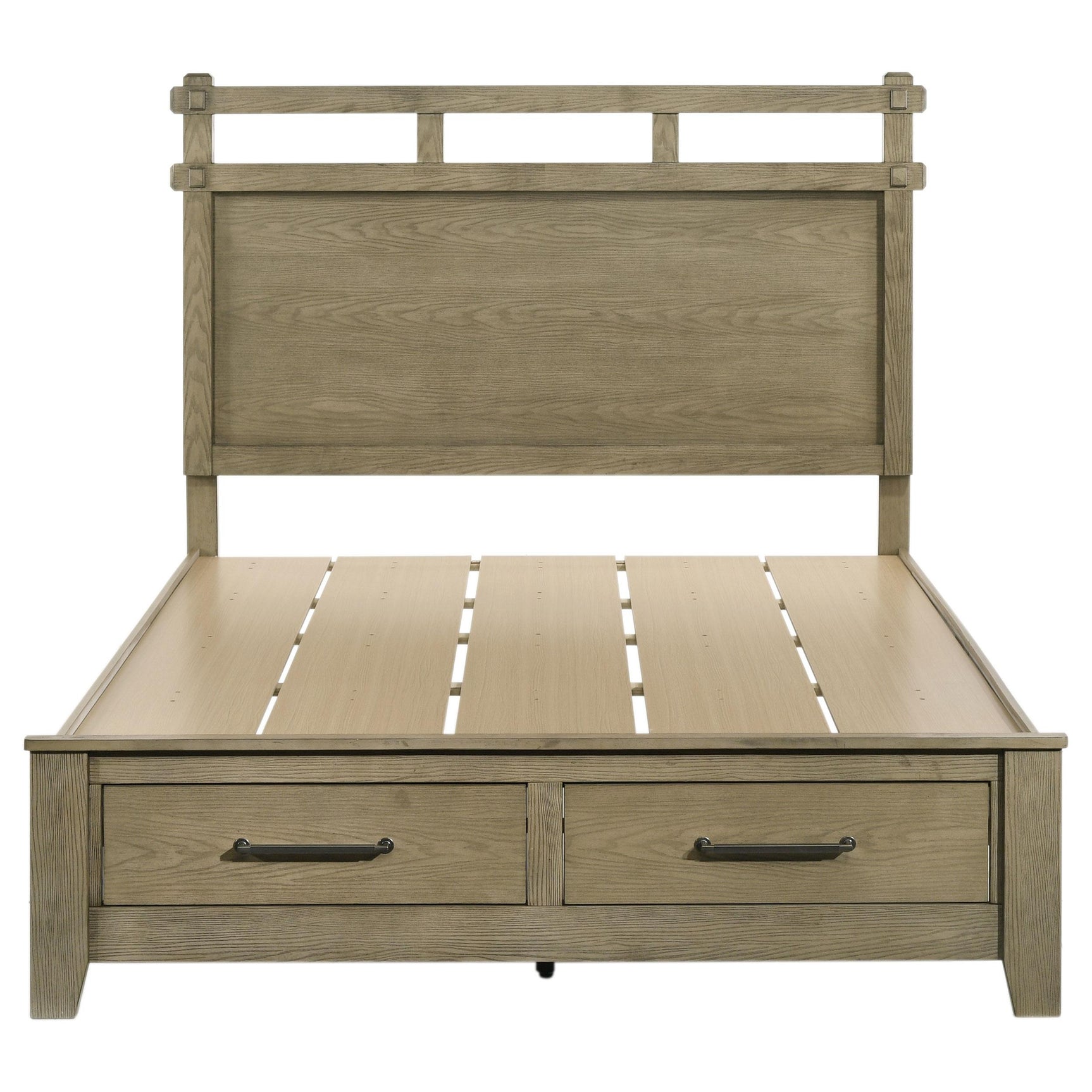Close-up of vineyard oak grain and open slat headboard