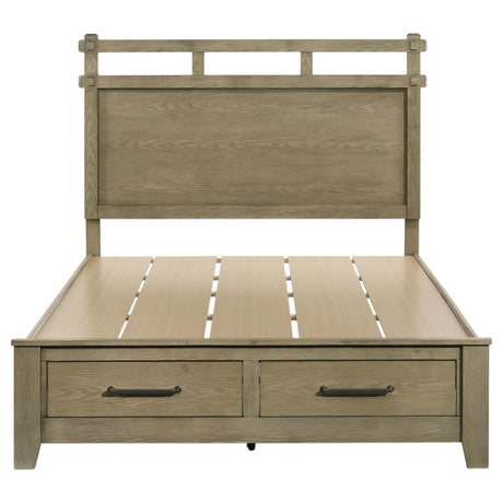Close-up of vineyard oak grain and open slat headboard