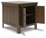 Moriville Grayish Brown Coffee Table with 2 End Tables — angled view