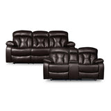 Black microfiber upholstered solid wood frame power reclining sofa and loveseat set - front angle