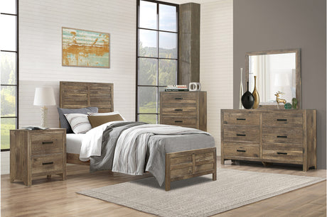 Mandan youth queen panel bed front view light brown weathered pine finish