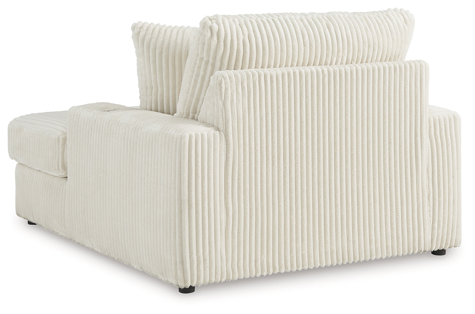 Close-up of cup holders on Lindyn Ivory Velvet Chaise armrest