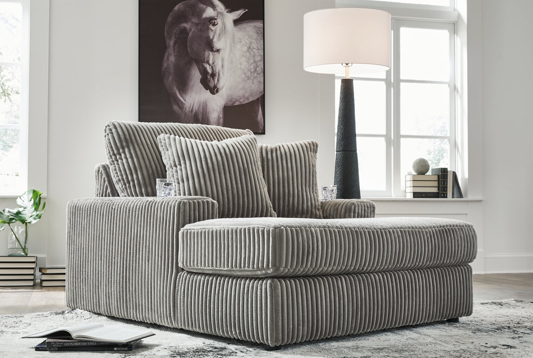 Cozy living room scene with Lindyn Fog Velvet Chaise