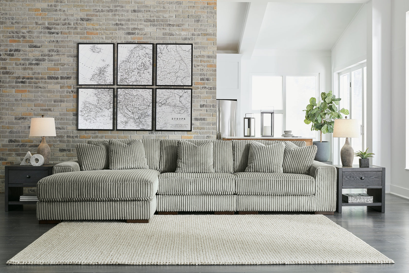 main view of Lindyn Fog Velvet 3-Piece Sectional With Chaise sectional sofa