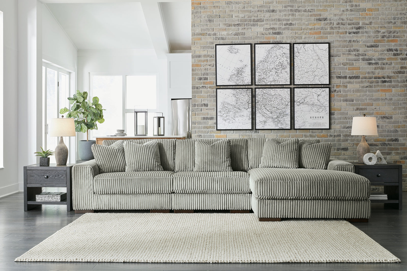 main view of Lindyn Fog Velvet 3-Piece Sectional With Chaise sectional sofa