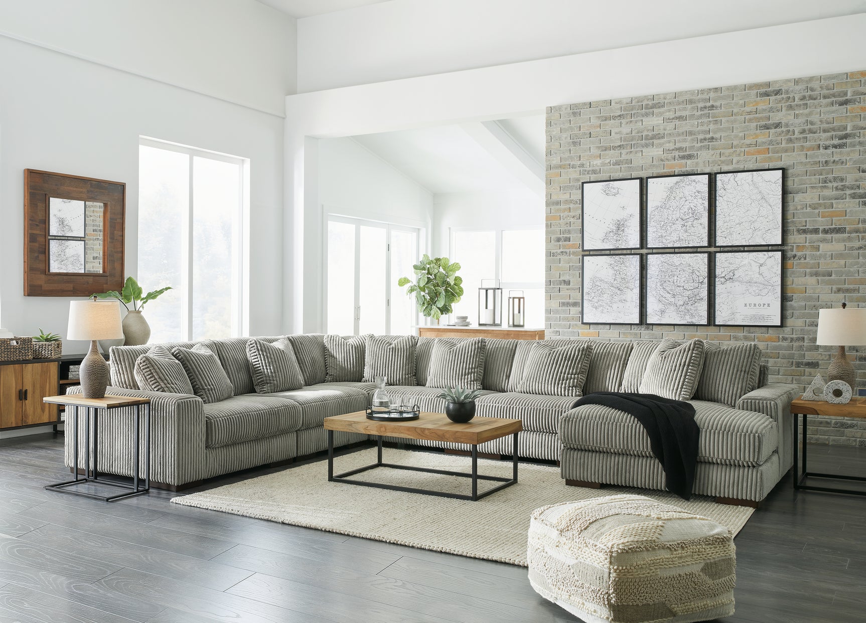 Close-up detail of Lindyn Fog sectional fabric and cushions