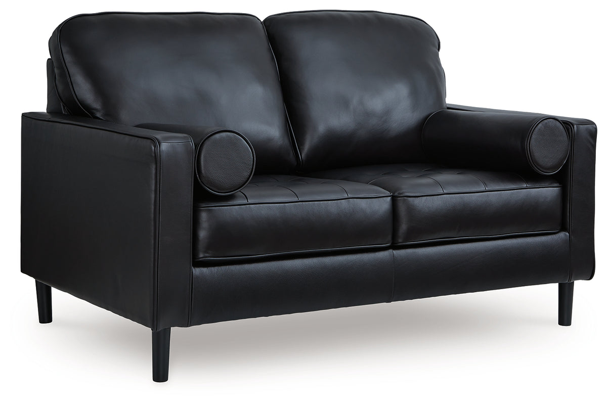 Bryceview Onyx leather match loveseat angled side view