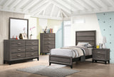 Close-up on tapered legs of Watson Grey Oak Twin Panel Bed