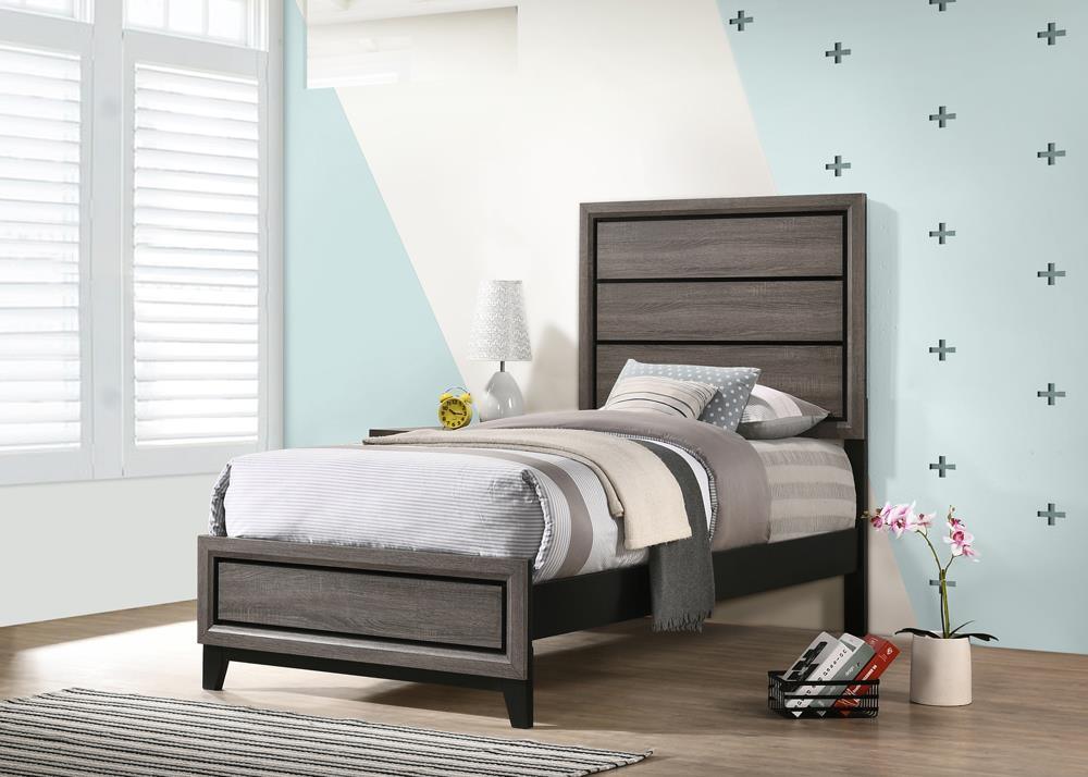 Watson Twin Panel Bed Grey Oak with panel headboard front view