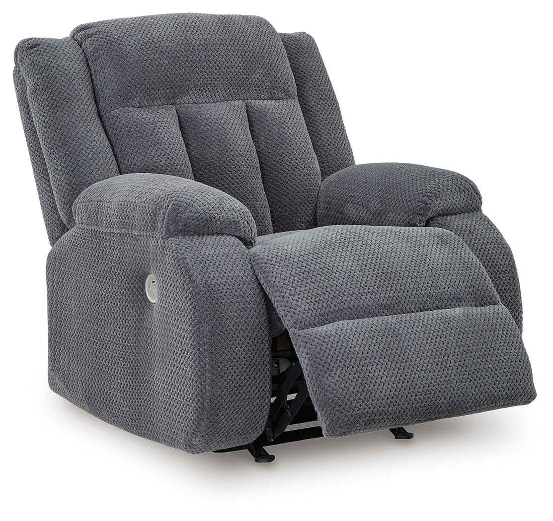 Observation Steel Velvet Power Recliner reclining position