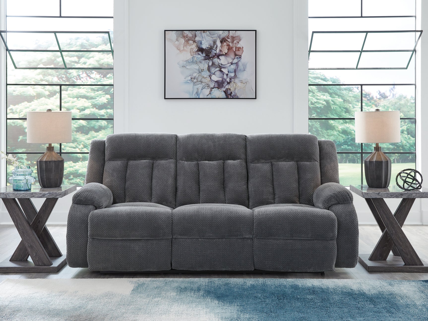 Observation Steel Velvet Power Reclining Sofa with Drop Down Table