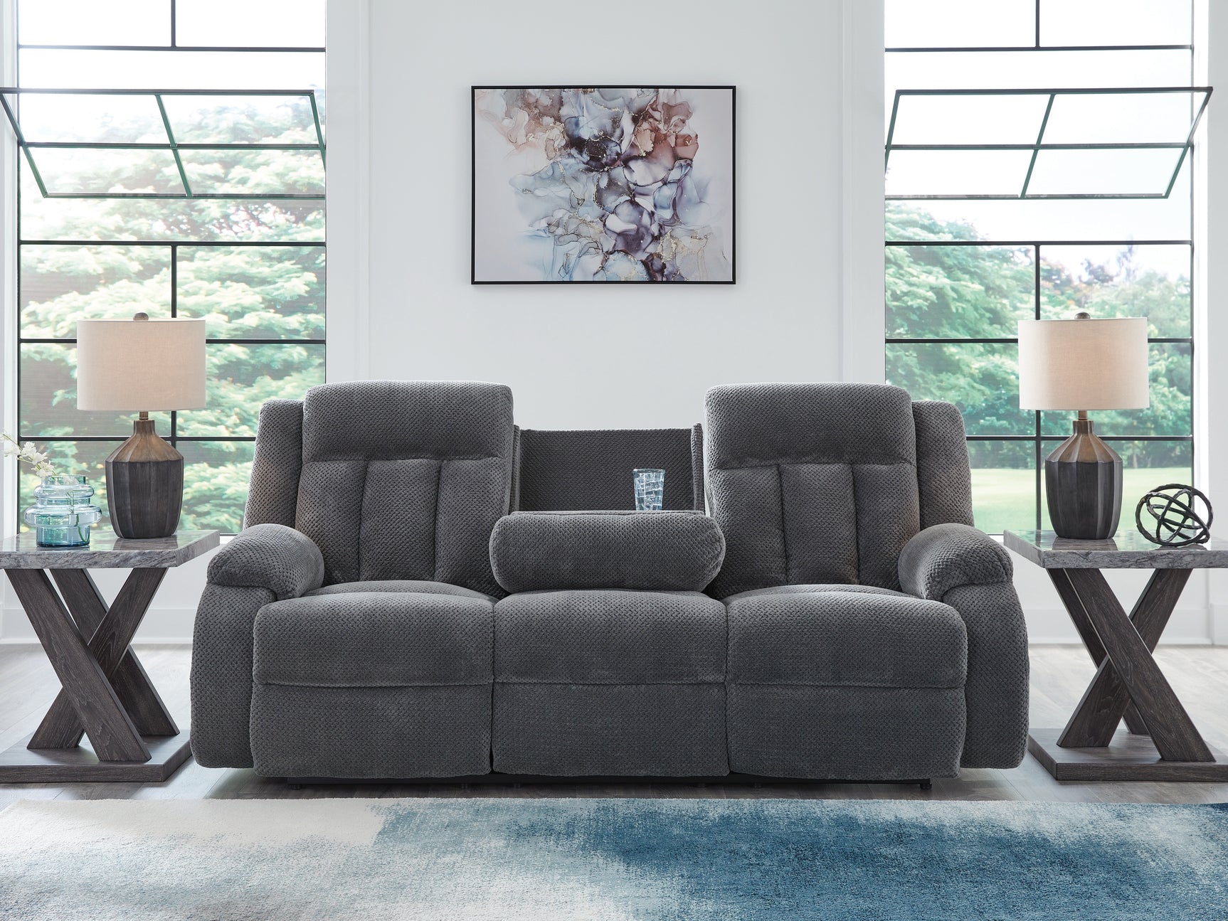 Observation Steel Velvet Power Reclining Sofa with Drop Down Table