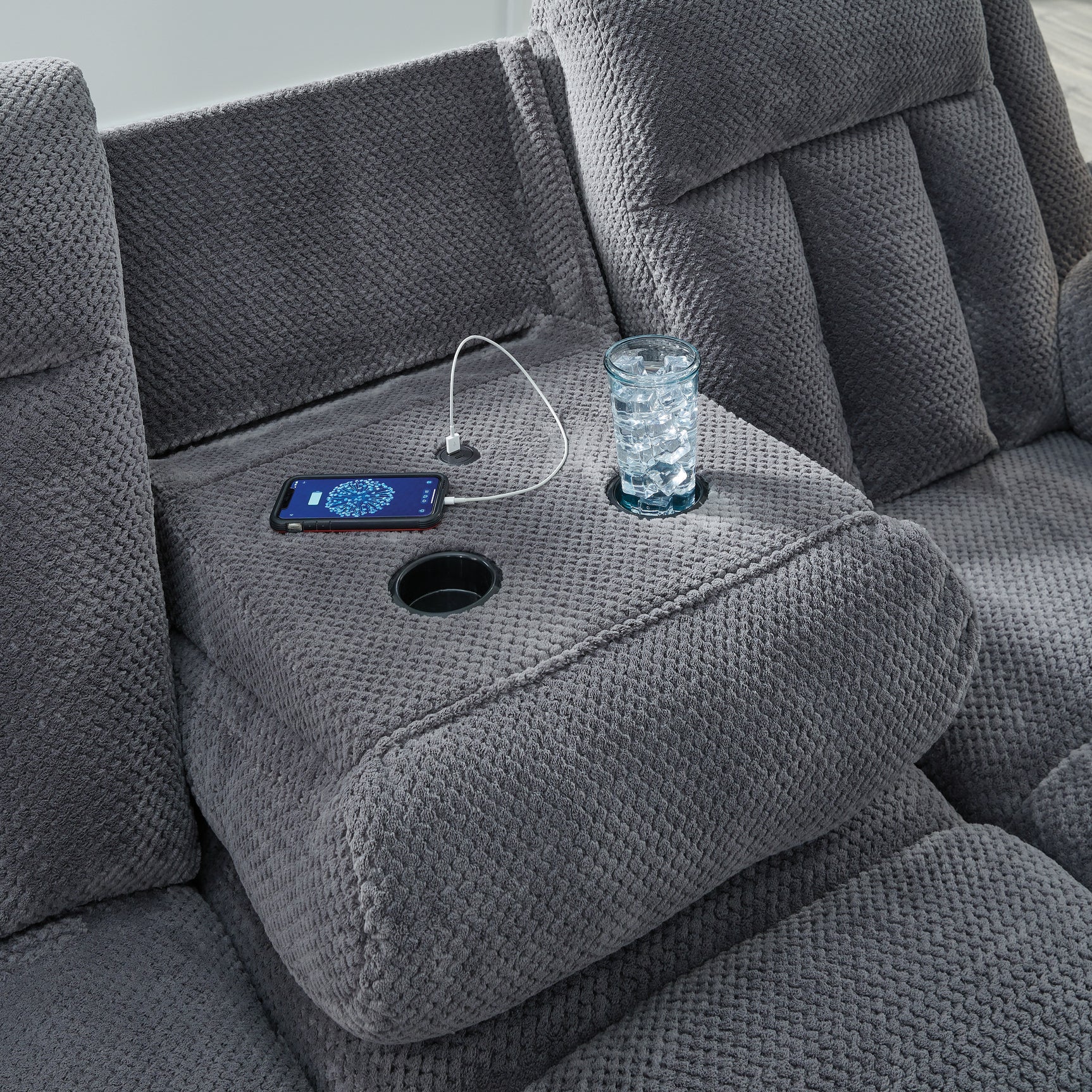 Observation Steel Velvet Power Reclining Sofa with Drop Down Table