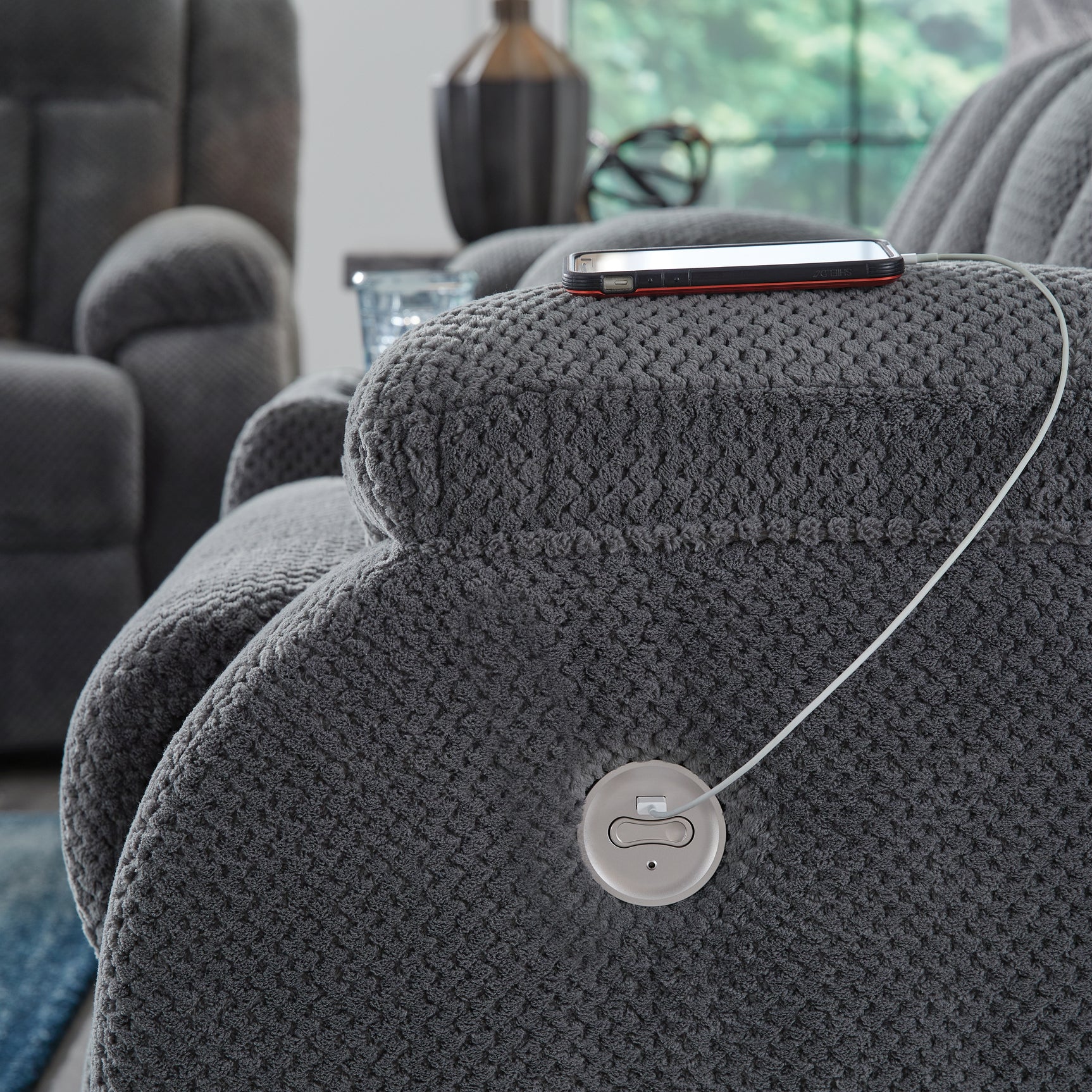 Observation Steel Velvet Power Reclining Sofa with Drop Down Table