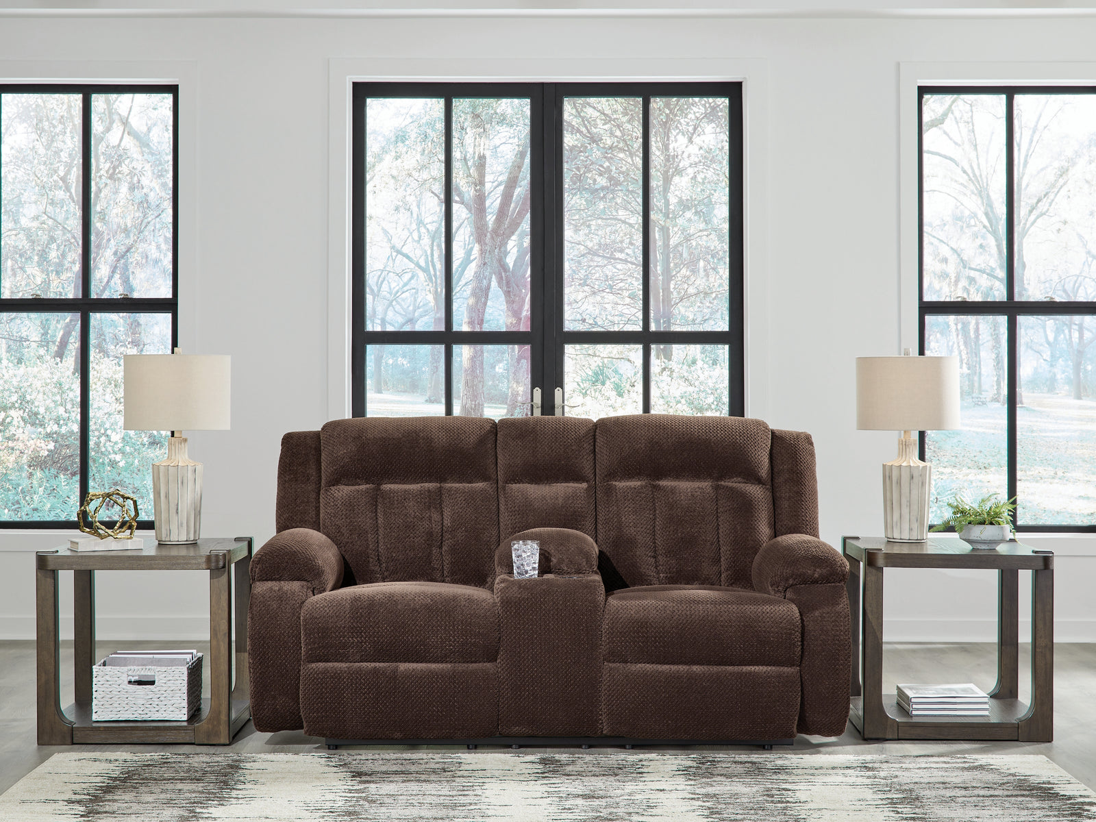 Observation Chocolate Velvet Power Reclining Loveseat with Console